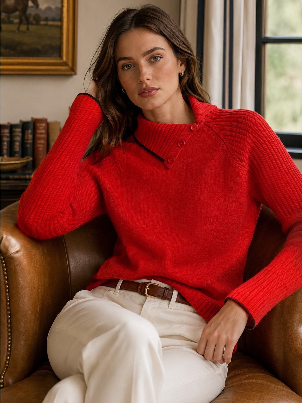Mountain Lake Red Mock Neck Button Sweater Black Trim Large - Picture 8 of 8
